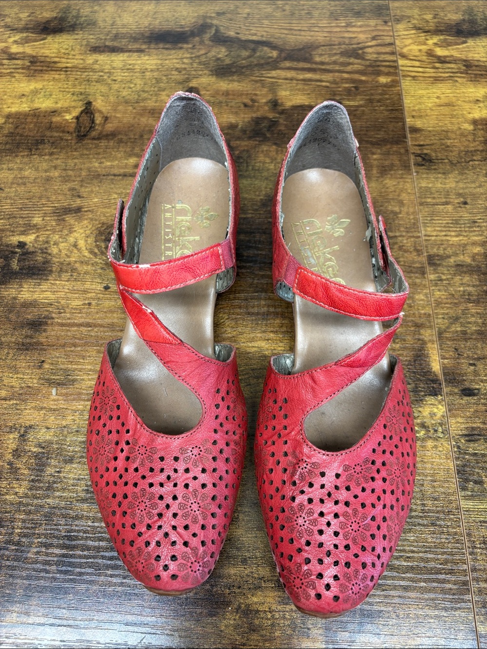 Rieker Red Leather Perforated Mary Jane Comfort Flats